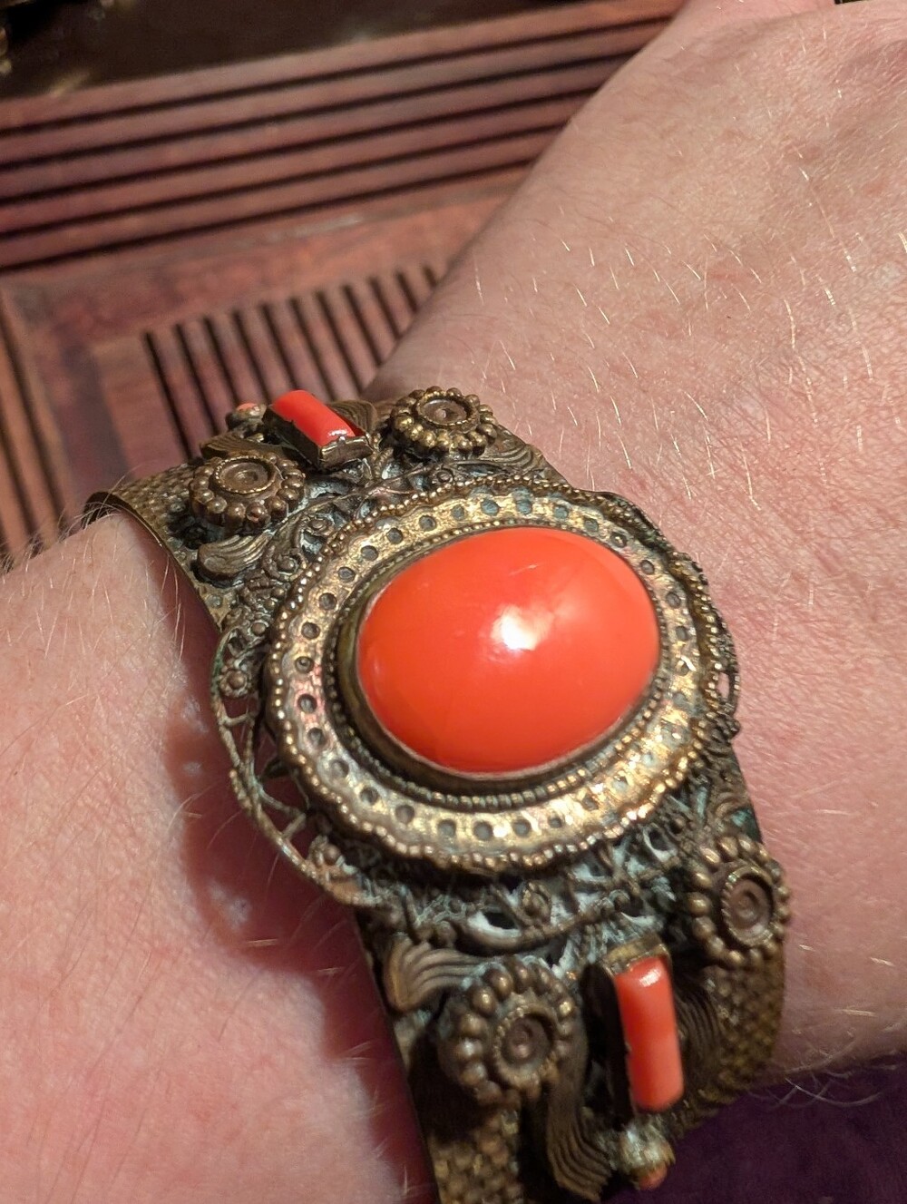 Vintage Art Nouveau Orange Stone Brass Filigree Bracelet - Unbranded